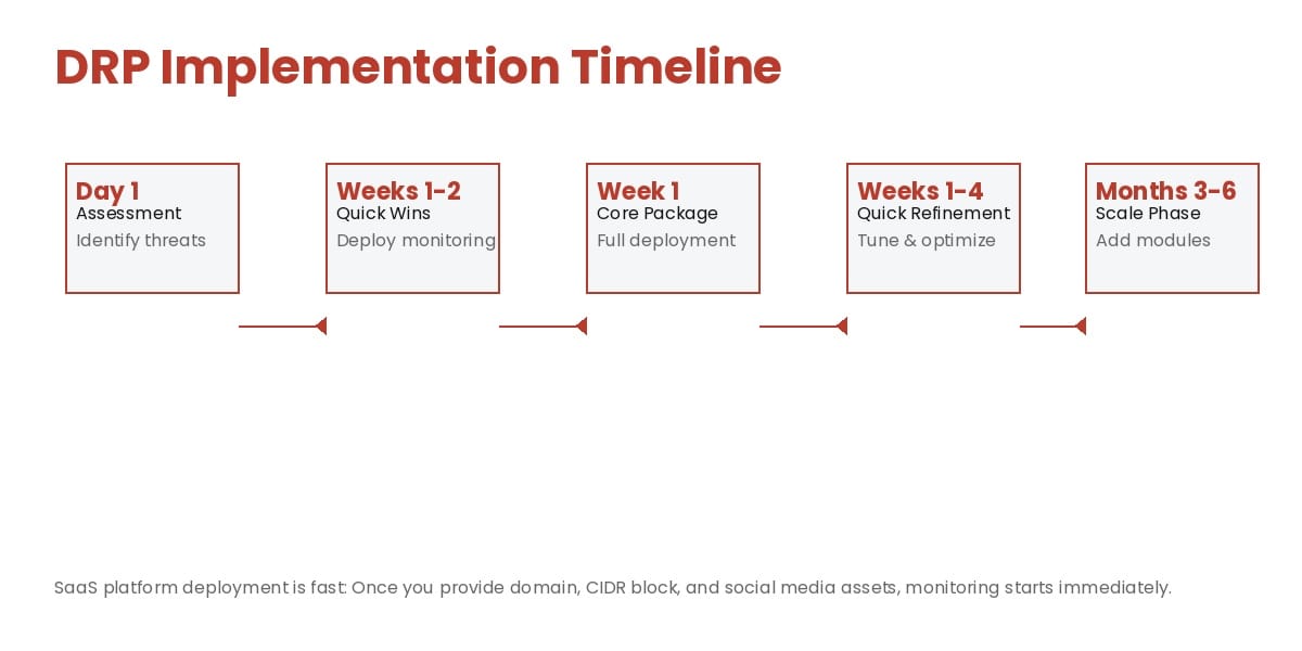 DRP implementation timeline showing 5 phases: Day 1 Assessment, Weeks 1-2 Quick Wins, Week 1 Core Package, Weeks 1-4 Quick Refinement, and Months 3-6 Scale Phase with arrows showing progression